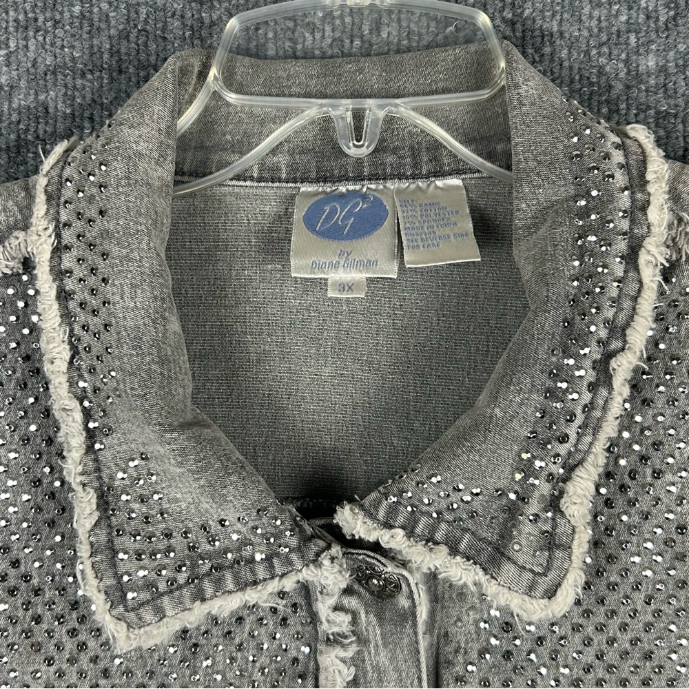 DG2 Diane Gilman 3X Grey Embellished Denim Jacket — Frayed & Studded - Picture 4 of 15
